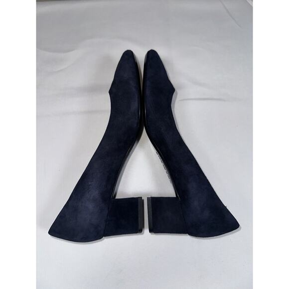 Aquatalia Pasha Size 8.5 Navy Blue Suede Block High Heel Pumps Pointy Toe Shoes - Picture 7 of 11